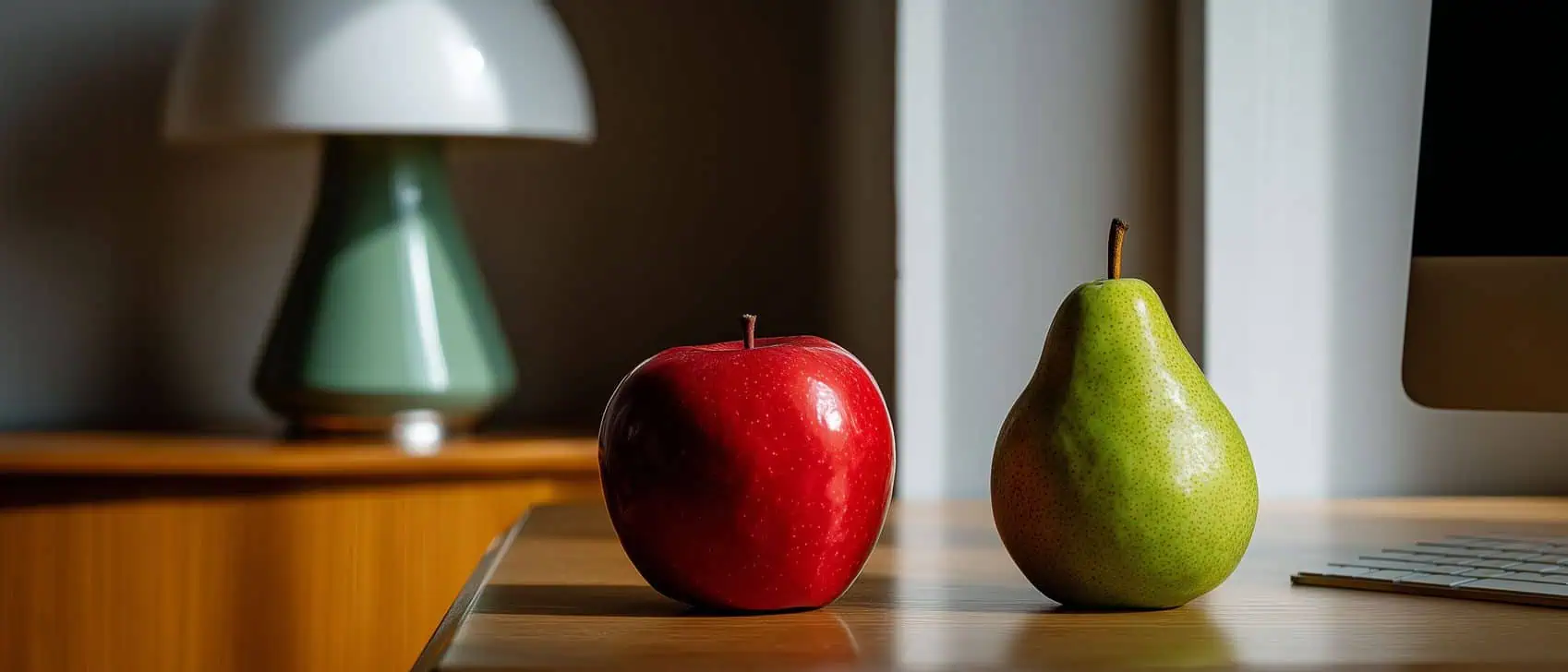 Äpple och päron på ett skrivbord i ljus inomhusmiljö.