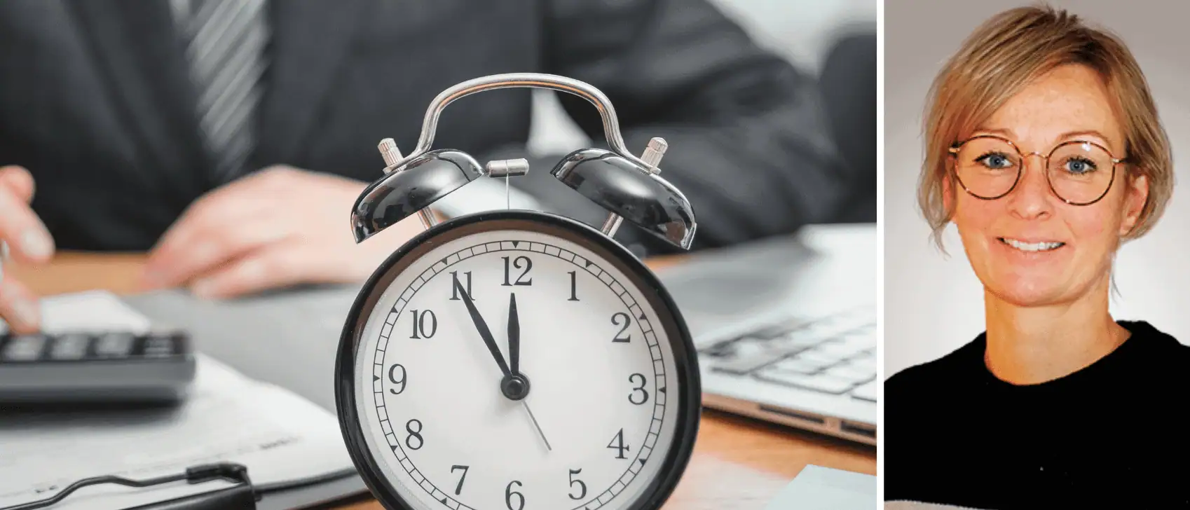 Klocka med tid nere vid 11:55, personal arbetar med ekonomi och finans.