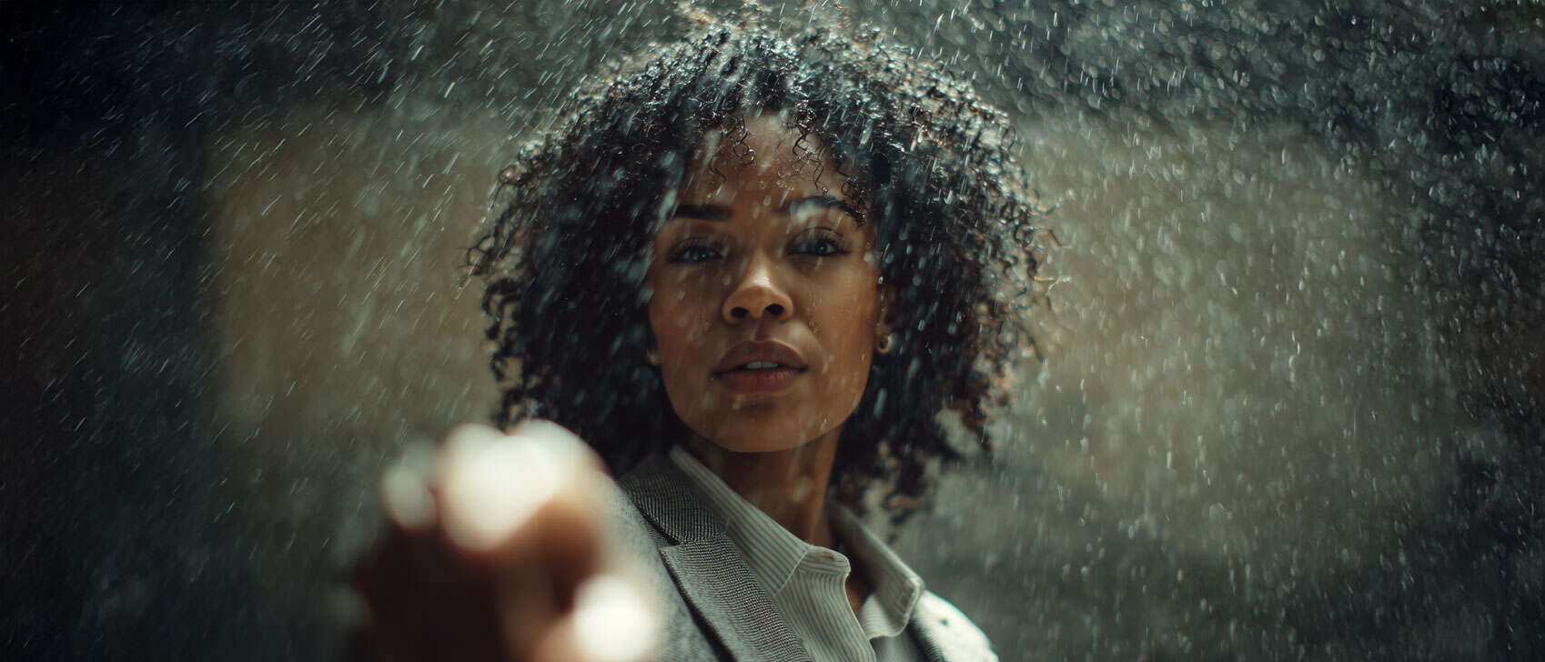 Kvinna i regnigt väder, symboliserar beslutsamhet under osäkra förhållanden.