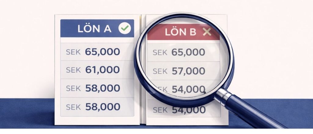 Förstoringsglas som granskar lönesammanställning mellan olika lönegrupper.