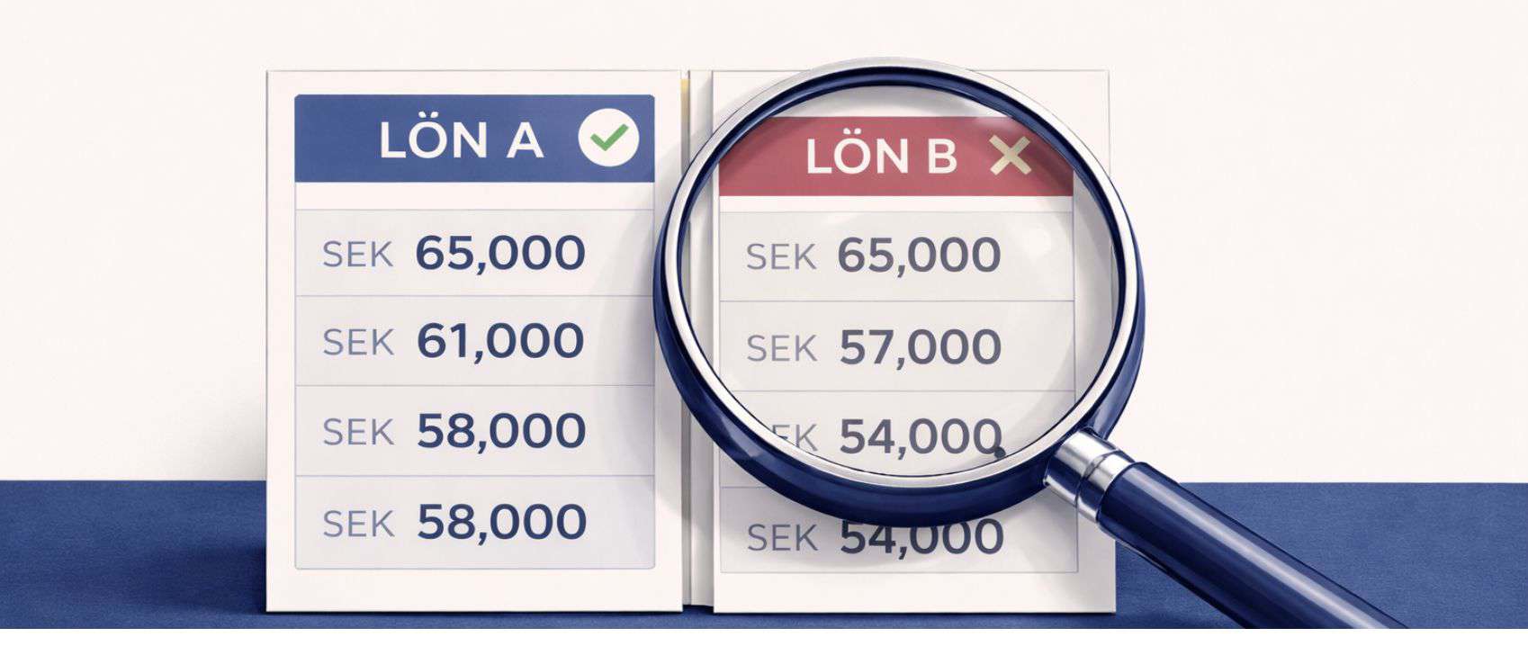 Förstoringsglas som granskar lönesammanställning mellan olika lönegrupper.