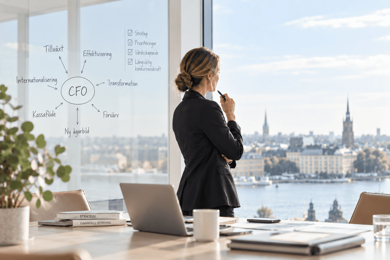 Kvinna som planerar strategier för CFO i ett kontorslandskap.