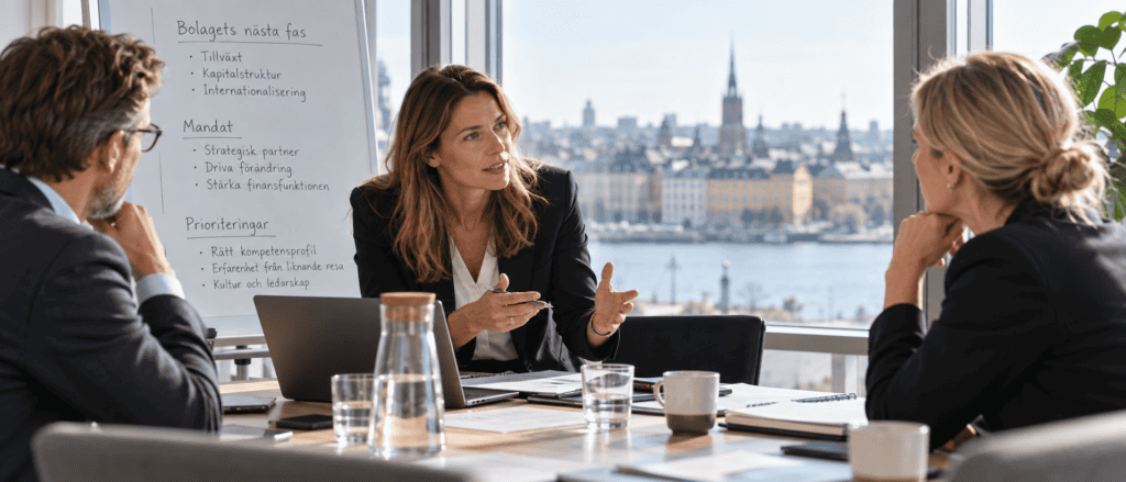 Tre personer i möte med utsikt över stadens skyline och vattnet.