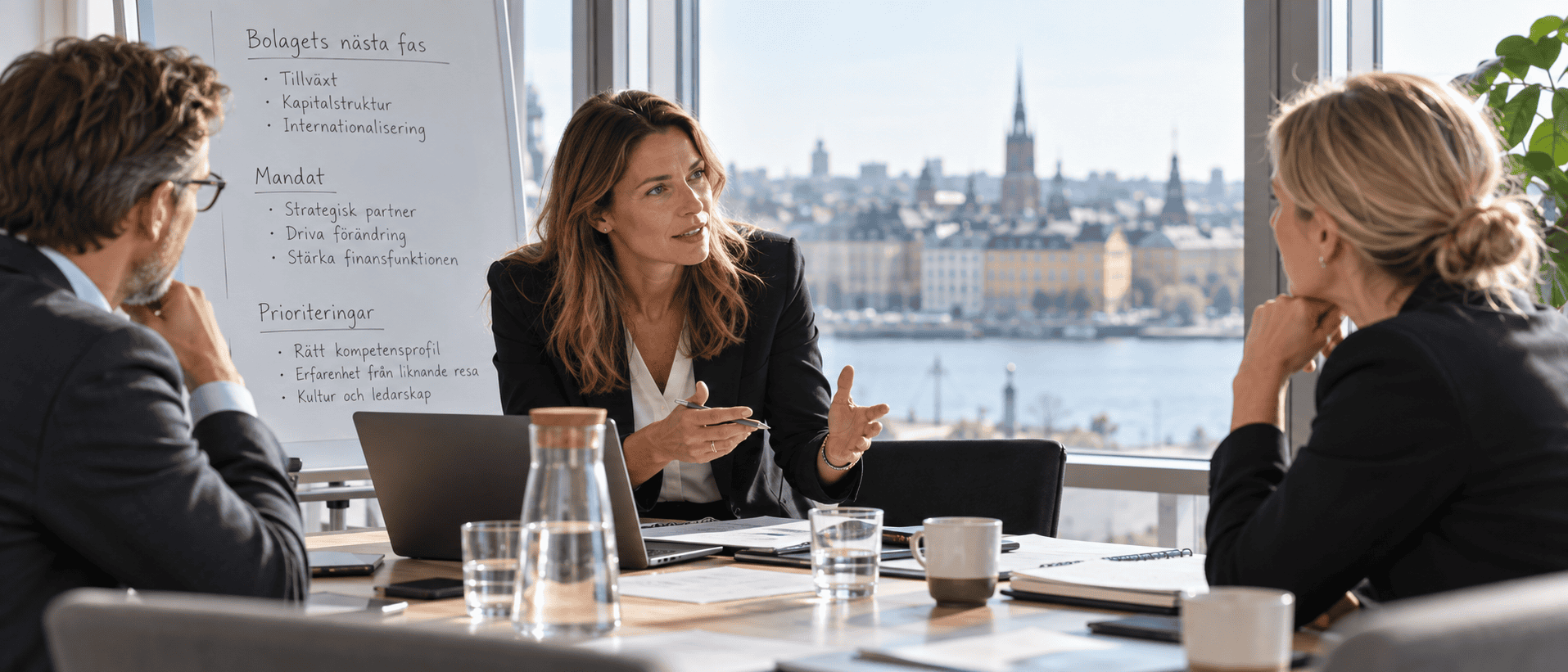 Tre personer i möte med utsikt över stadens skyline och vattnet.