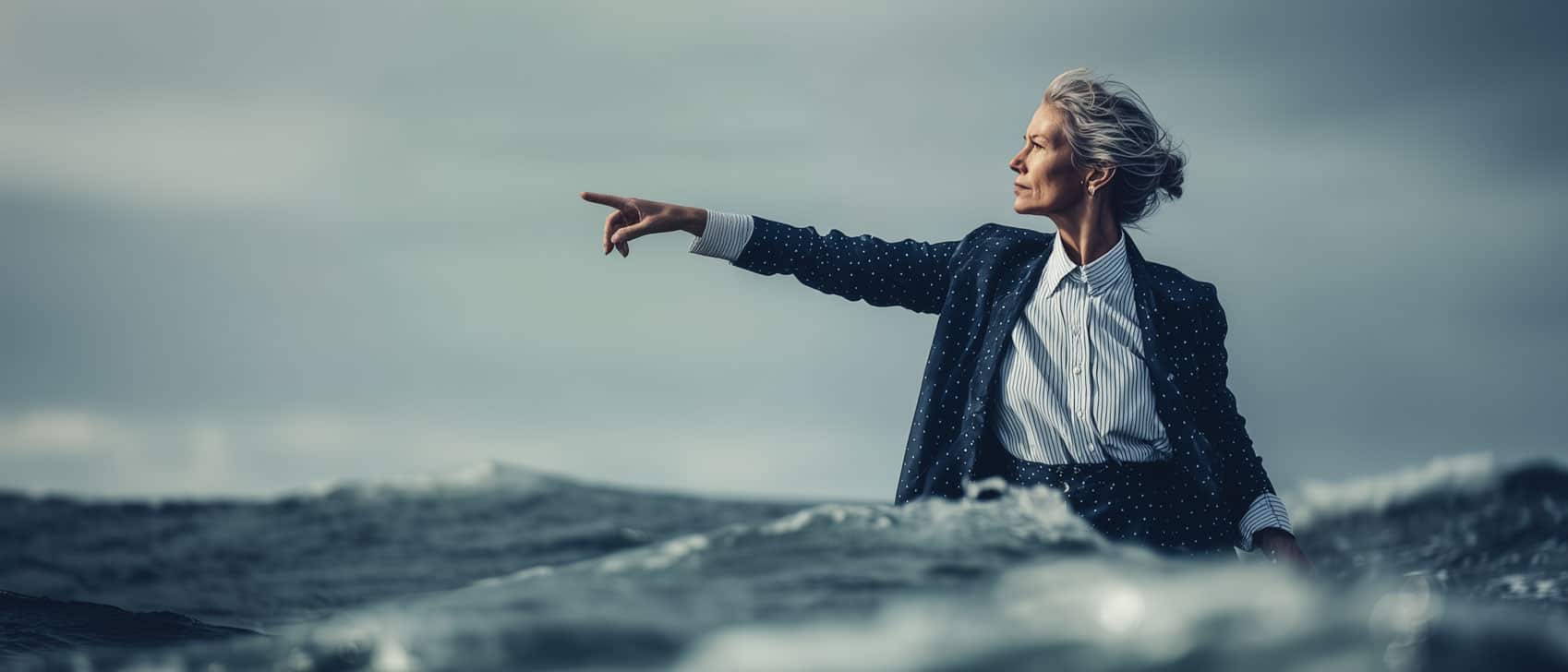 En kvinna i affärskläder pekar mot horisonten under en stormig himmel.