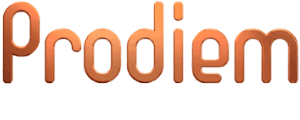 Prodiem-logotyp i brunt med skugga mot vit bakgrund.