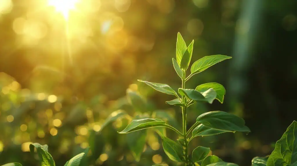 Kraftfull växt med grönska i solljus, symboliserar tillväxt och professionalitet.