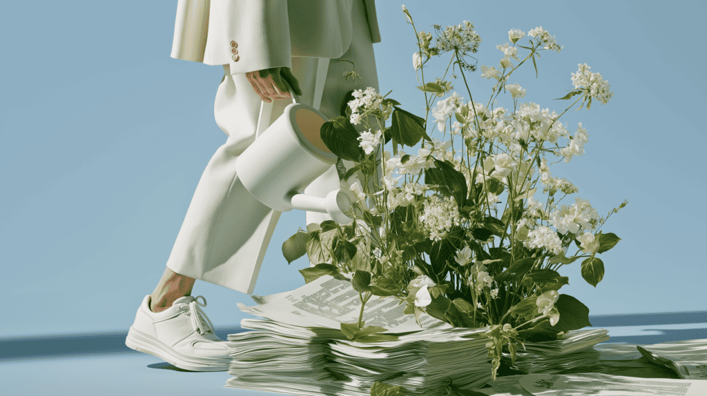 Person i vit kostym med vita sneakers som vattnar blommor i ett blomsterarrangemang.