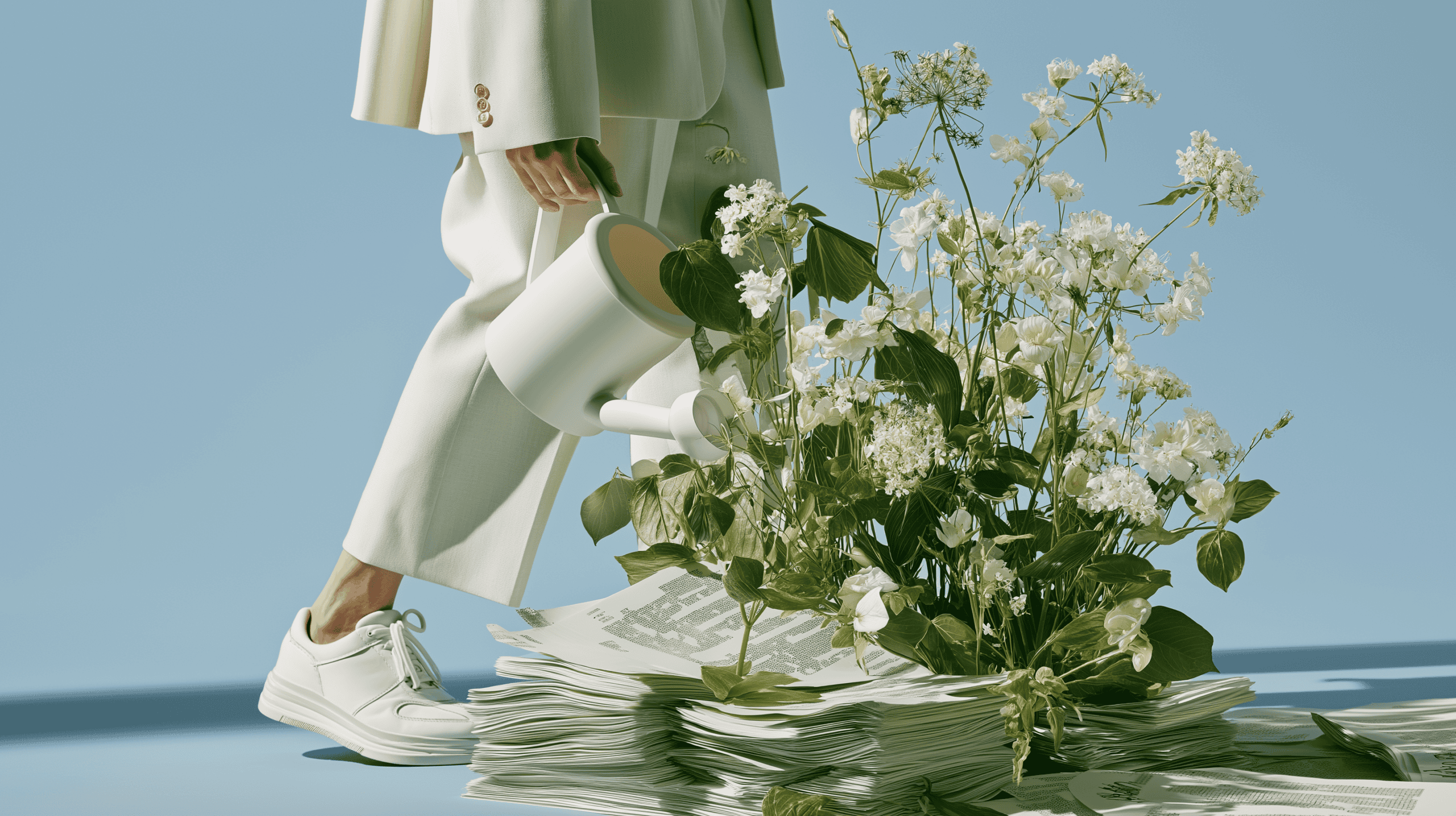 Person i vit kostym med vita sneakers som vattnar blommor i ett blomsterarrangemang.