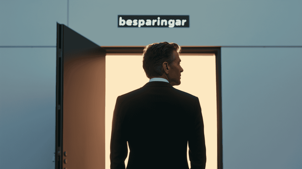 Man i kostym som tittar ut genom en öppen dörr.