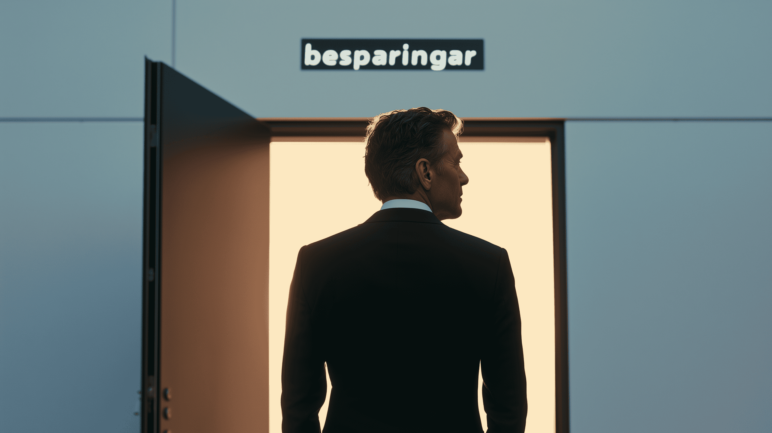 Man i kostym som tittar ut genom en öppen dörr.